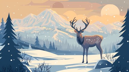Wild deer in snowy landscape flat design front view winter wildlife theme cartoon drawing Complementary Color Scheme