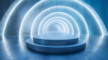 Obraz premium Floating Light Rings Podium: Sleek Metallic Podium with Light Rings