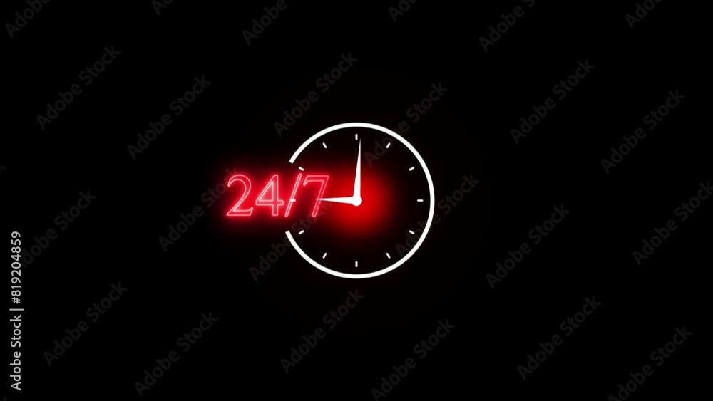 Poster glowing neon line clock 24 hours icon isolated on black background. all day cyclic icon. 24 hours se