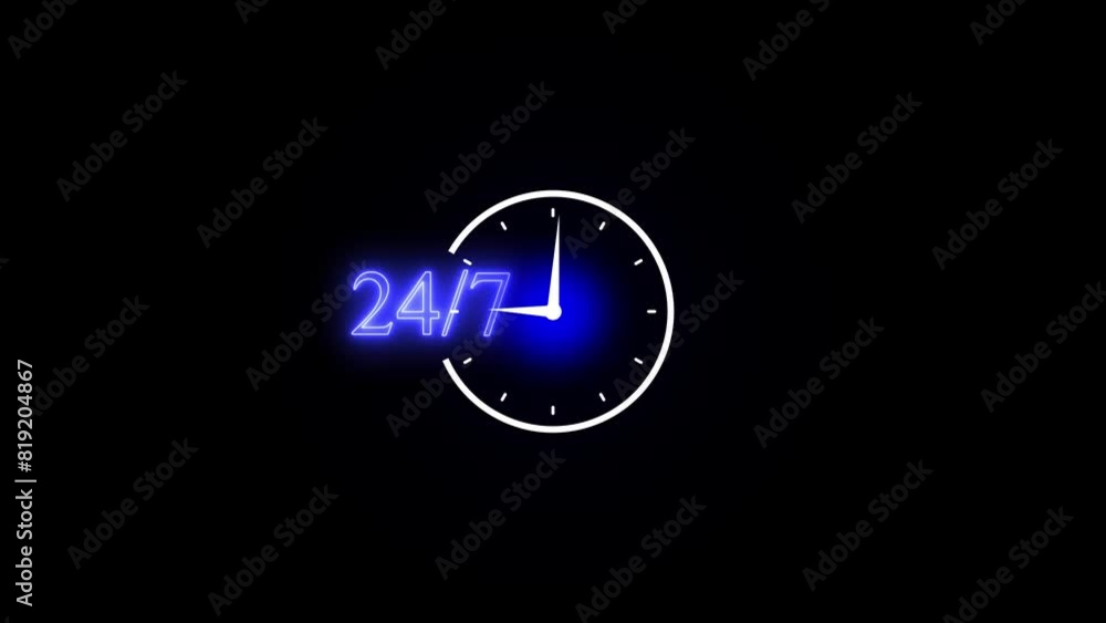 Poster glowing neon line clock 24 hours icon isolated on black background. all day cyclic icon. 24 hours se