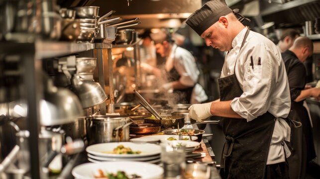 Chef cooking in a busy restaurant kitchen.
