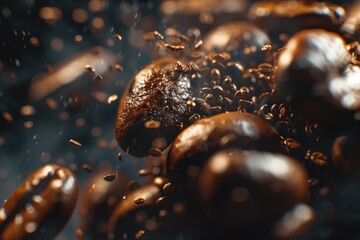 A close up image of a bunch of coffee beans, perfect for coffee shop menus