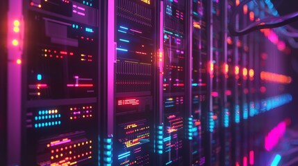 Data center with glowing servers flat design top view cybersecurity theme animation vivid