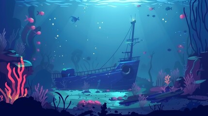 Deep sea exploration scene flat design front view ocean adventure theme animation Tetradic color scheme