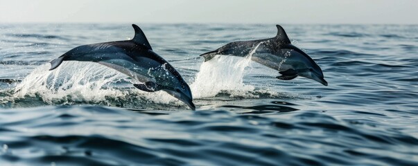 Dolphins jumping out of the ocean.