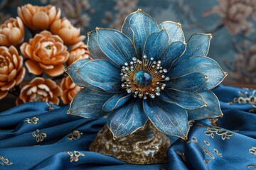 A blue flower placed on top of a matching blue cloth