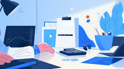 Finance industry professional analyzing data and preparing reports with computers and calculators