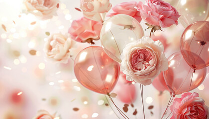 party decoration with balloons and roses on a pastel background