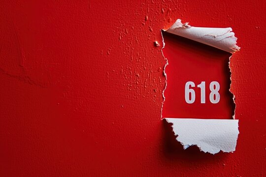 A paper tear with the number 618 written on it, red background,