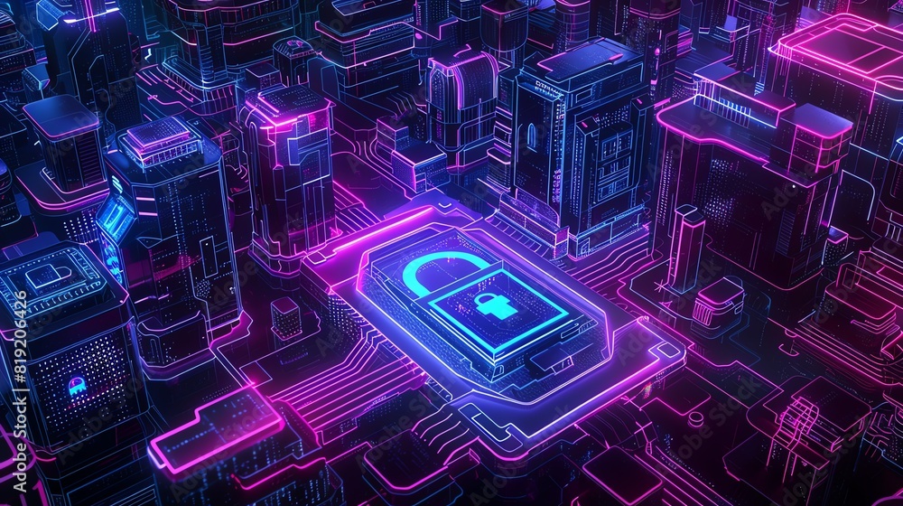 Poster futuristic digital cityscape with neon lights and a glowing lock symbol representing cybersecurity a