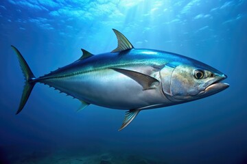 Fototapeta premium Tuna swimming in the depths of the ocean, with bright lights shining through the water.