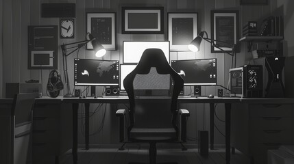 Gamer setup with multiple monitors flat design side view e-sports theme animation black and white