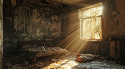 modern bedroom, sunlight coming from the right of the room