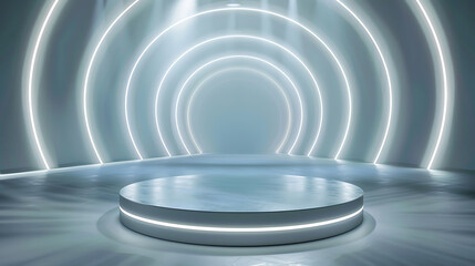 Fototapeta premium Floating Light Rings Podium: Sleek Metallic Podium with Light Rings