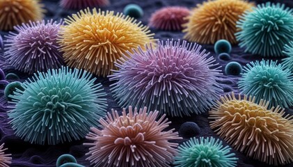 Fototapeta premium Microorganisms under a microscope. Microbes, bacteria, viruses, infections, bacilli. Probiotics. Intestinal bacteria, intestinal flora