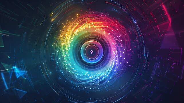 Abstract digital spiral with vibrant rainbow colors and technological patterns, representing futuristic and innovative design concepts.