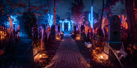 A night scene with a spooky Halloween garden display, including ghosts, tombstones, and eerie lighting