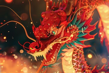 Detailed close up of a red dragon statue. Ideal for fantasy and mythology themes