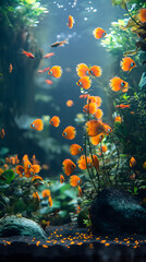 Vibrant Discus Fish Gracefully Swimming in a Lush Planted Aquarium