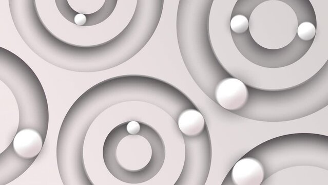 4K looped abstract background with rolling spheres inside circles. 3D animation of balls rolling in circles