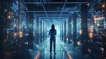 Businesswoman standing in futuristic server hallway with glowing lights