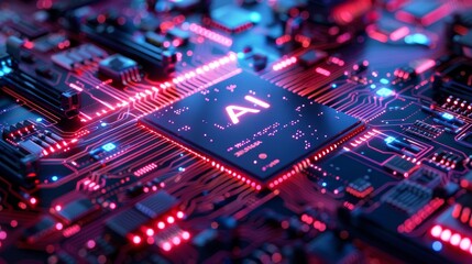 Obraz premium AI Processor Mainboard: Futuristic Design with Dynamic Light Effects and Intricate Circuits