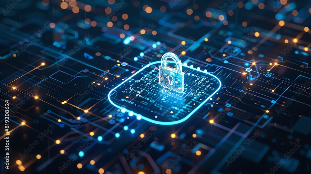 Poster futuristic digital padlock with circuits and neon lights symbolizing cybersecurity and data protecti