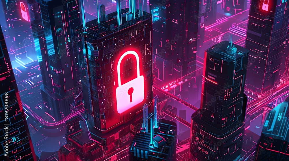 Poster futuristic cityscape with glowing red security lock icons symbolizing cybersecurity and data protect