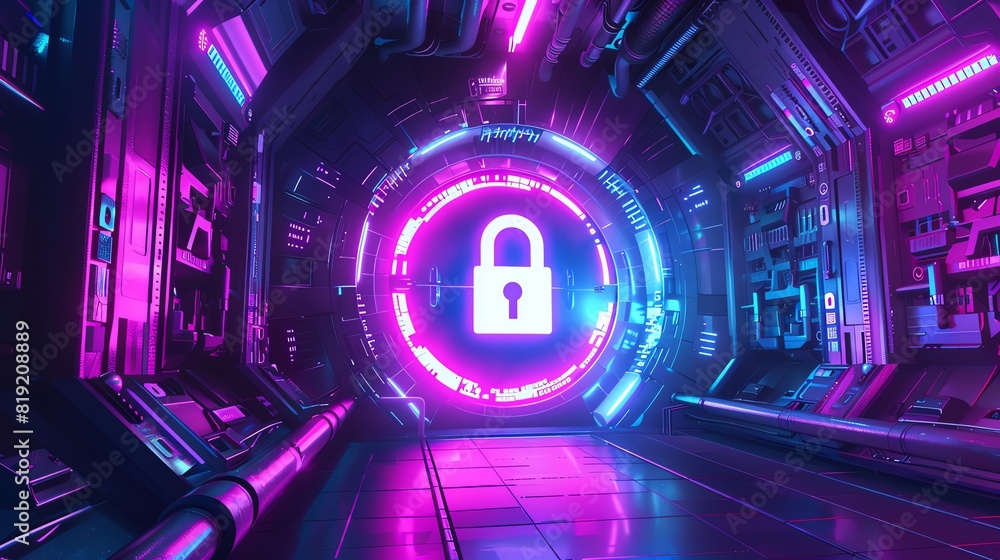 Poster futuristic digital lock with a glowing padlock symbol in a neon-lit corridor, representing cybersecu