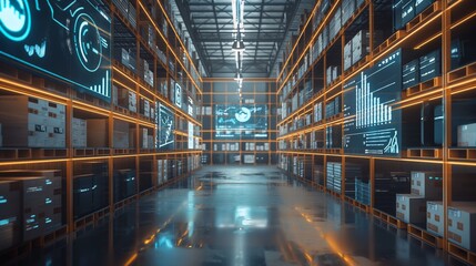 A futuristic warehouse interior with holographic displays and neon lighting