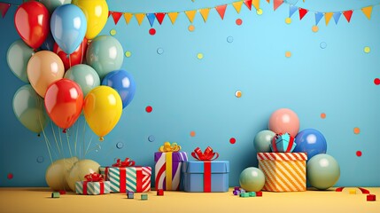 Birthday background with balloons, gifts and confetti.