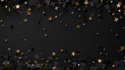Black and gold stars confetti on black background.