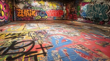 Room with walls and floor completely covered in graffiti art