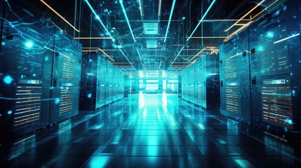 Dark server room interior with glowing lights. Network and data concept.