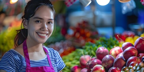 Smiling female retail worker in apron at a market. Concept Market, Retail Worker, Smiling, Female, Apron