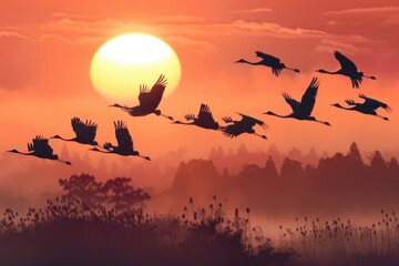 A stunning image of a flock of birds soaring through the colorful sunset sky. Perfect for nature and wildlife themes