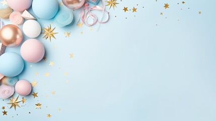 Festive background with balloons, confetti and ribbons.