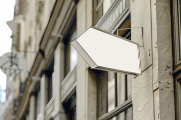 close up of a Arrow white sign hanging on the side of a building, realistic rendering