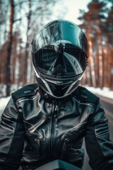 Fototapeta premium A person in a leather jacket and helmet on a motorcycle. Suitable for automotive and adventure themes
