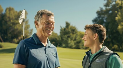 A Smiling Father and Son Golfing