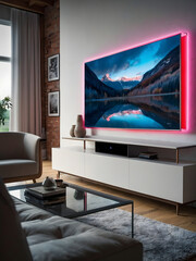 Modern living room with tv. smart tv in modern living room with neon lights, 3d render. Generative ai.