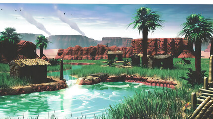 Desert Oasis: Life and Respite in a Harsh Environment - Imagine a scene where an oasis provides a lush and verdant refuge in the midst of the barren desert, teeming with life and activity