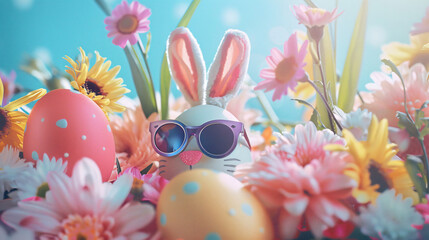 Decorated Easter eggs with bunny ears and sunglasses