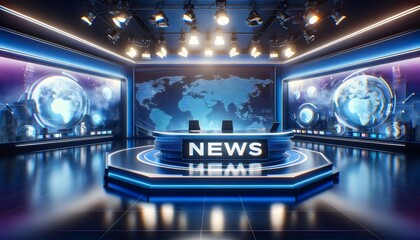 A futuristic news studio equipped with advanced technology and modern design elements. The news desk prominently displays the word "NEWS,"