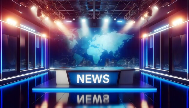a high-tech news studio with a sleek design, featuring a central news desk illuminated by bright lights and a world map backdrop