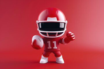 cute american football sport person 3D cartoon character, 3D rendering illustration, minimalistic, soft studio lighting, solid color background