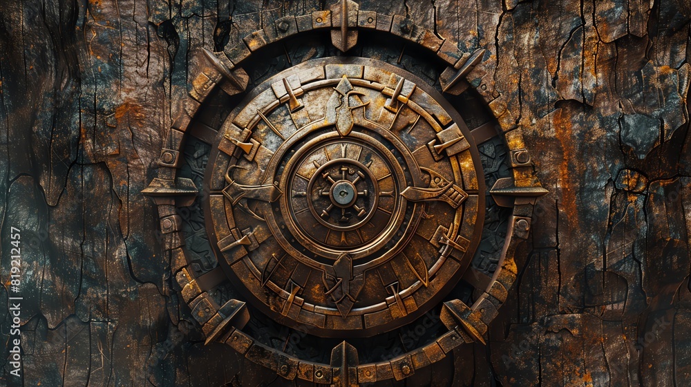 Poster rustic metal vault door embedded in a weathered, aged wall, showcasing intricate patterns and rugged