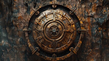 Obraz premium Rustic metal vault door embedded in a weathered, aged wall, showcasing intricate patterns and rugged textures, evoking a sense of security and history