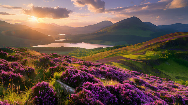 sunset over scottish highlands landscape with purple heather blooms green rolling hills lochs leading to distant mountains beauty 