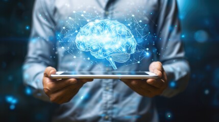 Man holding a tablet with a brain hologram Gives a modern feel